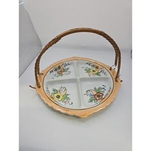 Made in Japan Round 4-Compartment Divided Dish Floral Wicker Handle 10 in